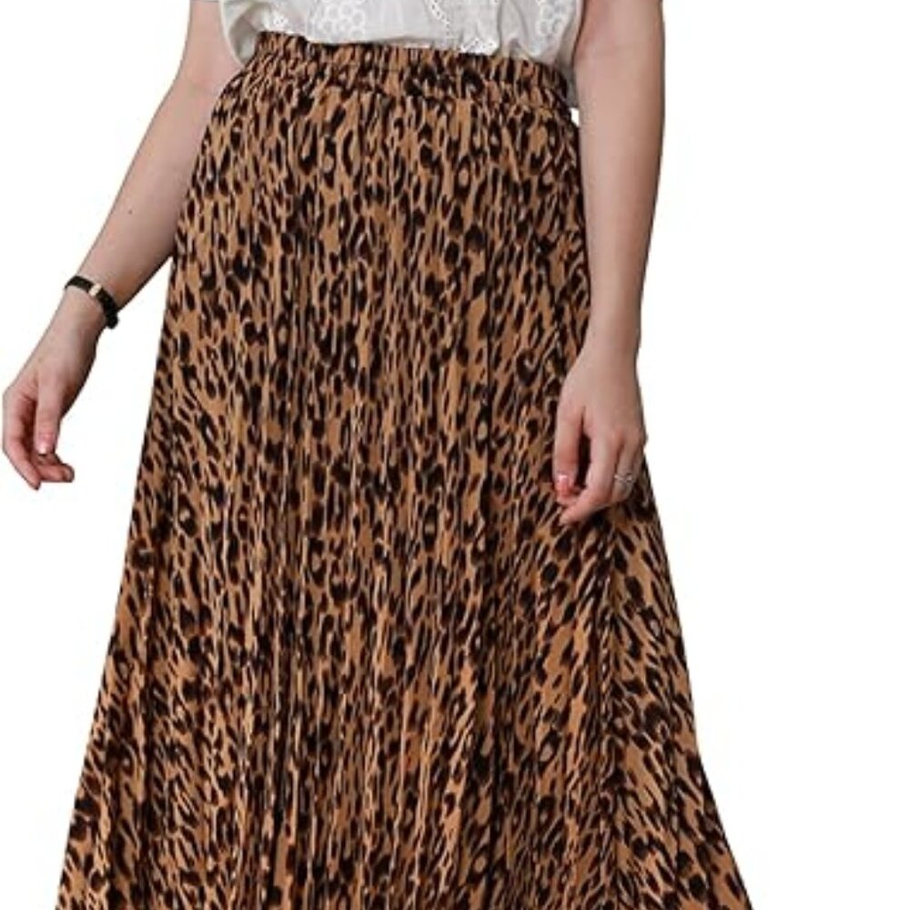 NWT Womens Chic Elastic High Waisted A Line Leopard Print Pleated Shirring